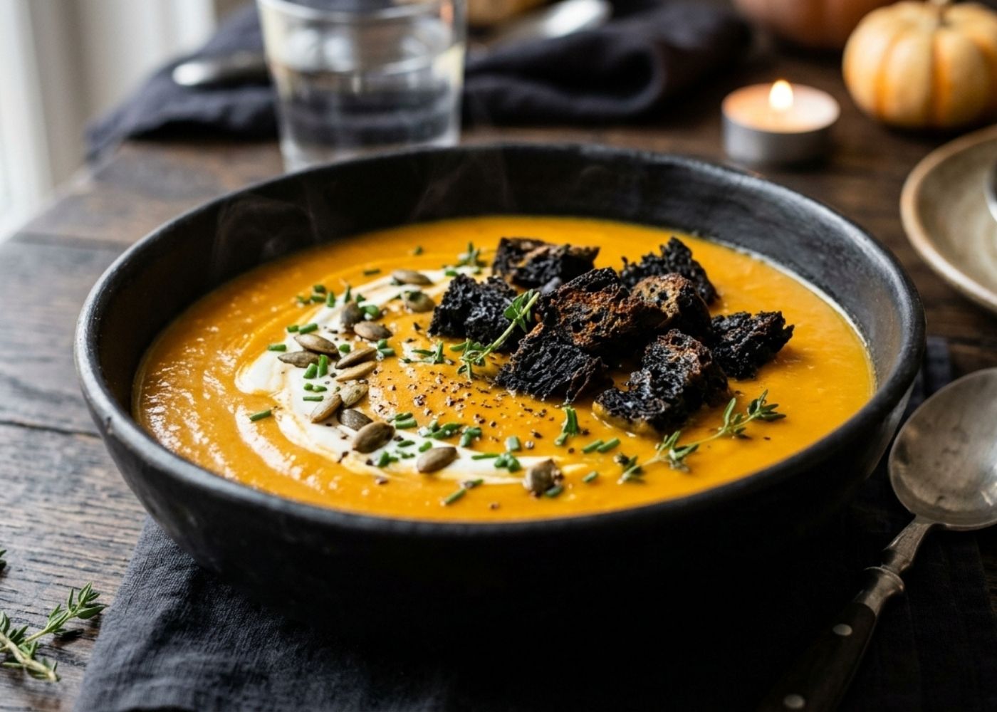 Velouté de potiron et croûtons au sésame noir