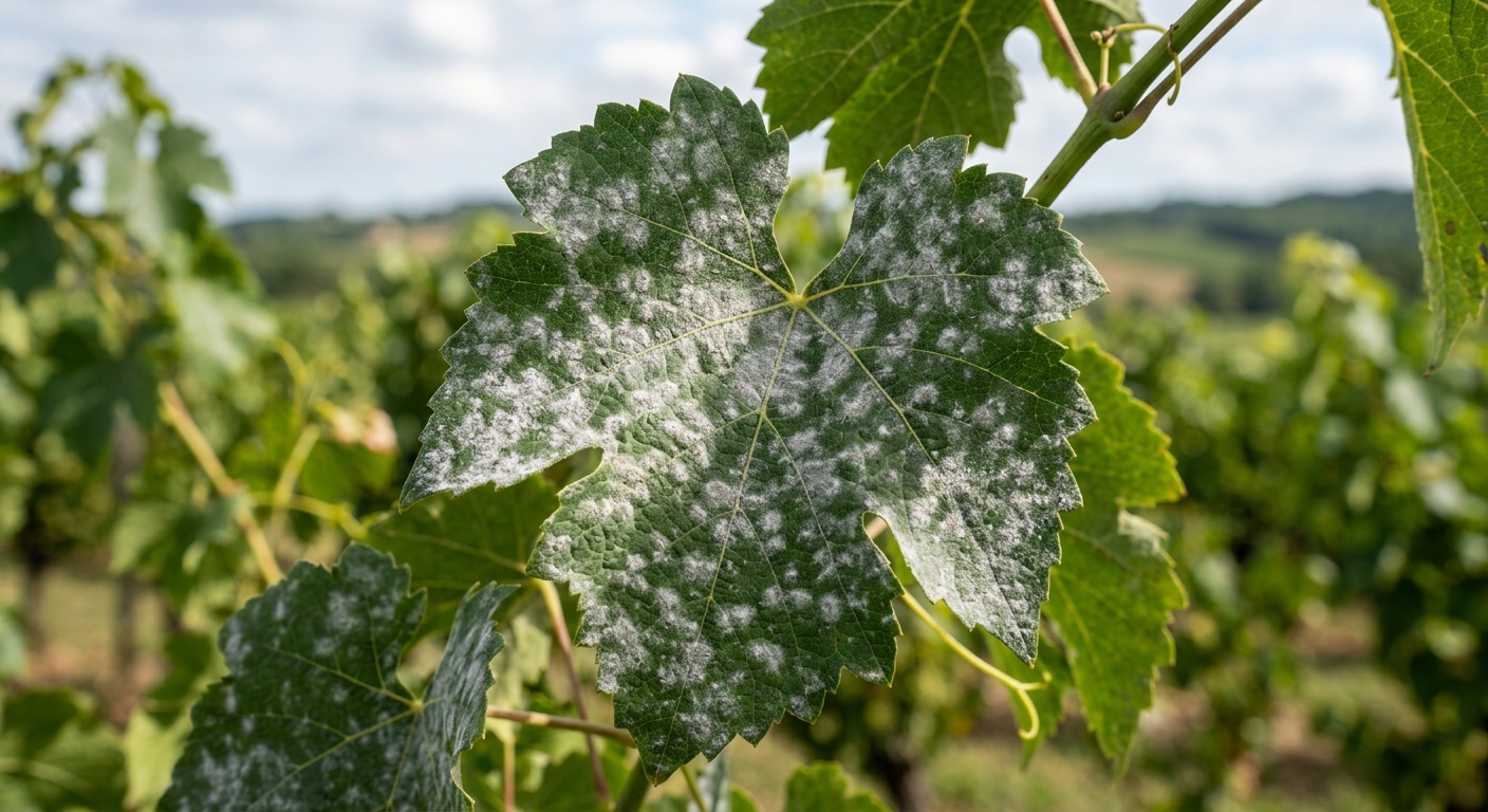 Feuille de vigne touchée par l’oïdium